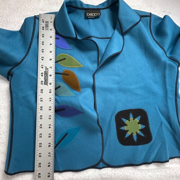 Vintage Beppa Womens Wearable Art Blue Leaf Appliqué Cropped Wool Jacket XS USA - Picture 7 of 7